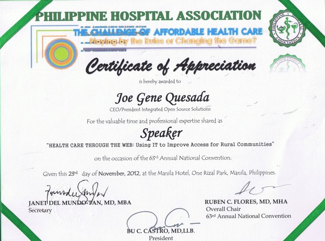 Certificate of Appreication - Phil Hospital Association 63rd Annual Convention nov 23 2012